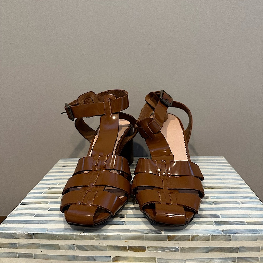 NWOT J. Crew Fisherman Heels in shiny brown leather | Size 7